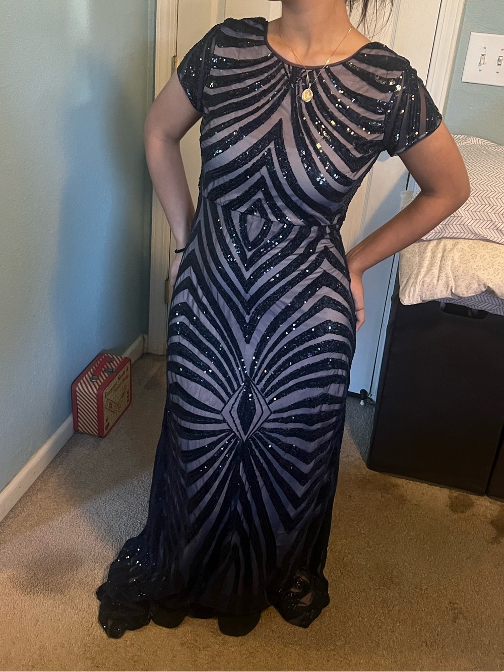 Donna Morgan ‘Isabelle’ Navy Sequin Geometric Dress